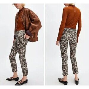 New Free People Molly Slim Pants Neutral Combo Animal Print  Women's 4 Boho Rock